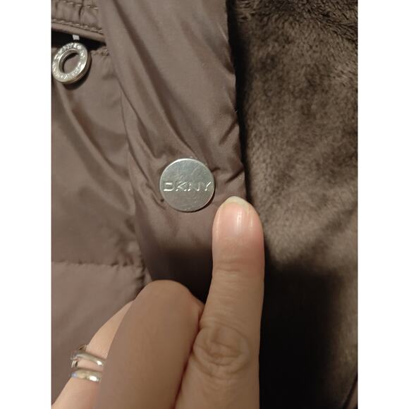 DKNY Hooded Long Down Puffer Coat with Removable Fur Trim in Brown Size M - Picture 7 of 10